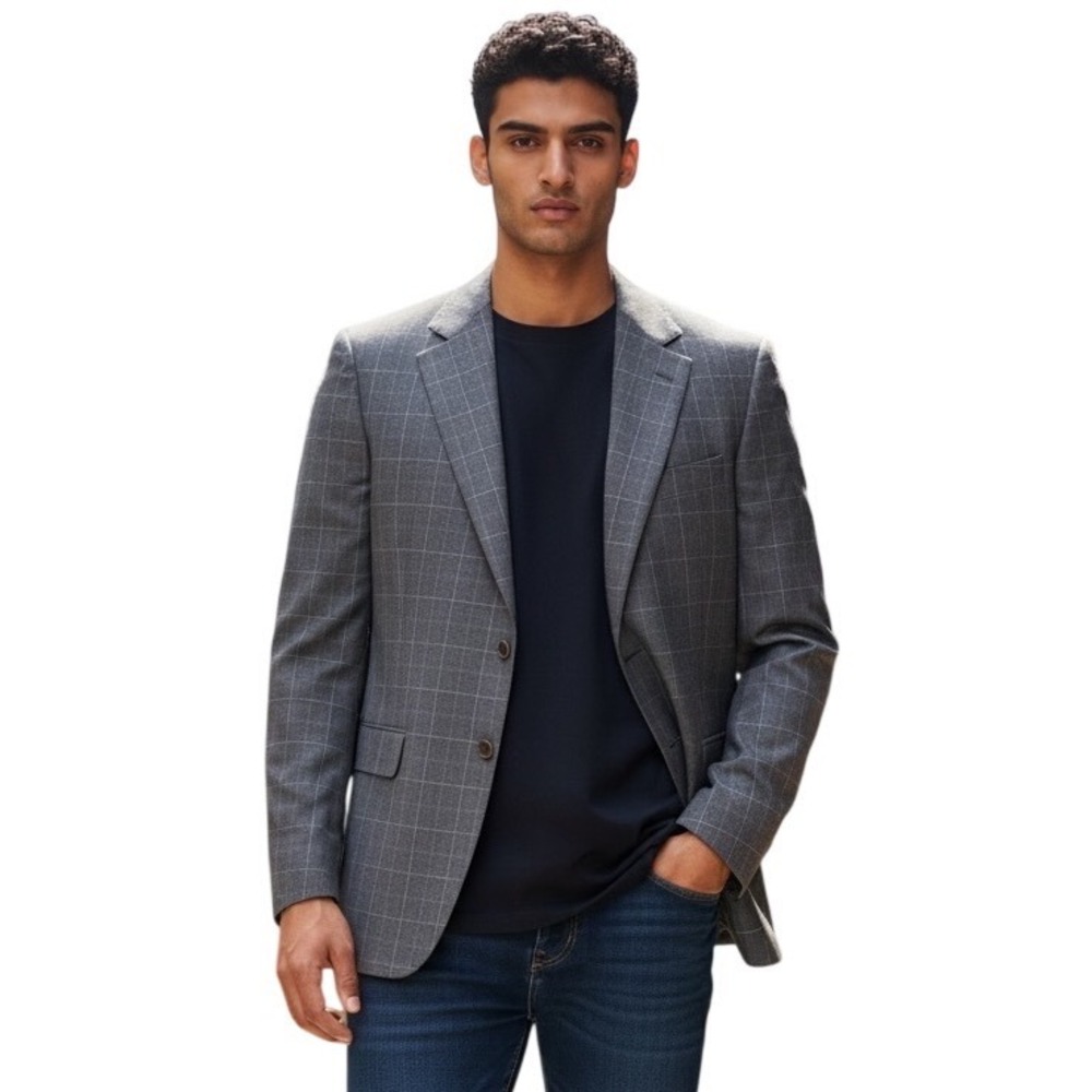 Canali Saks Fifth‎ Avenue Mens Grey Windowpane Wool Blazer Sport Coat 48R Italy